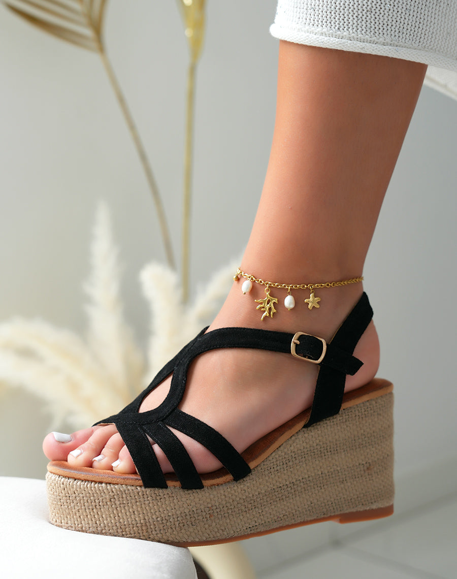 Sandales compensées femme en suédine noire à multiples brides