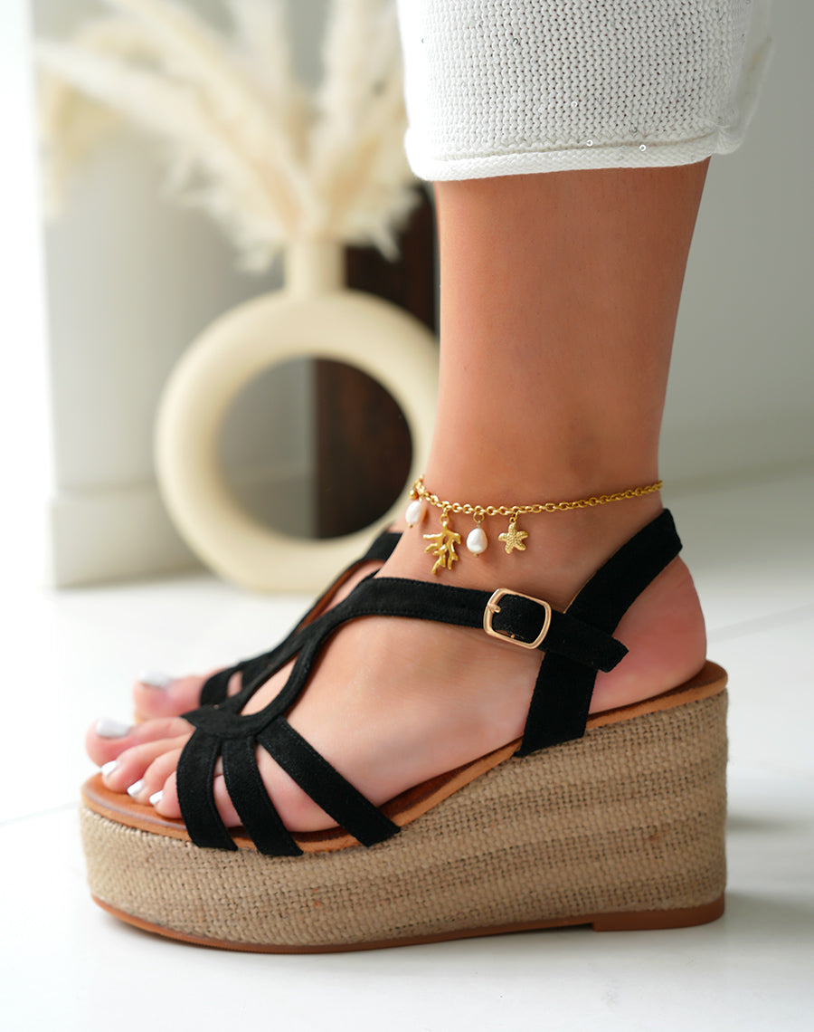 Sandales compensées femme en suédine noire à multiples brides