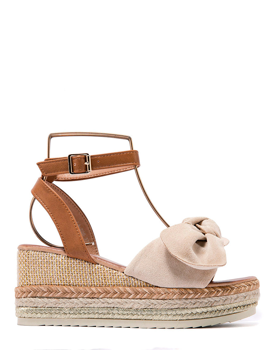 Sandales compensées à noeud en suédine beige et talon en toile de jute coloré