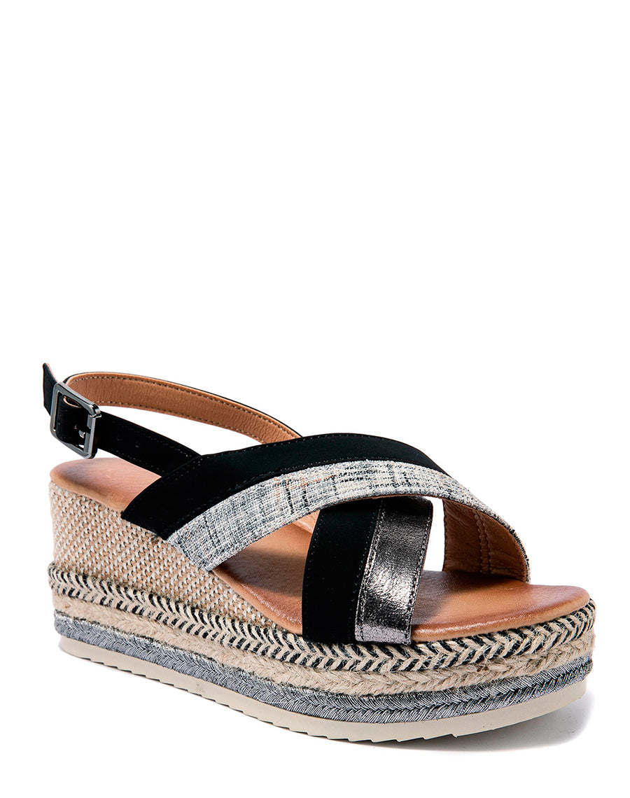 Sandales compensées noires à brides croisées en tweed et semelle décorée