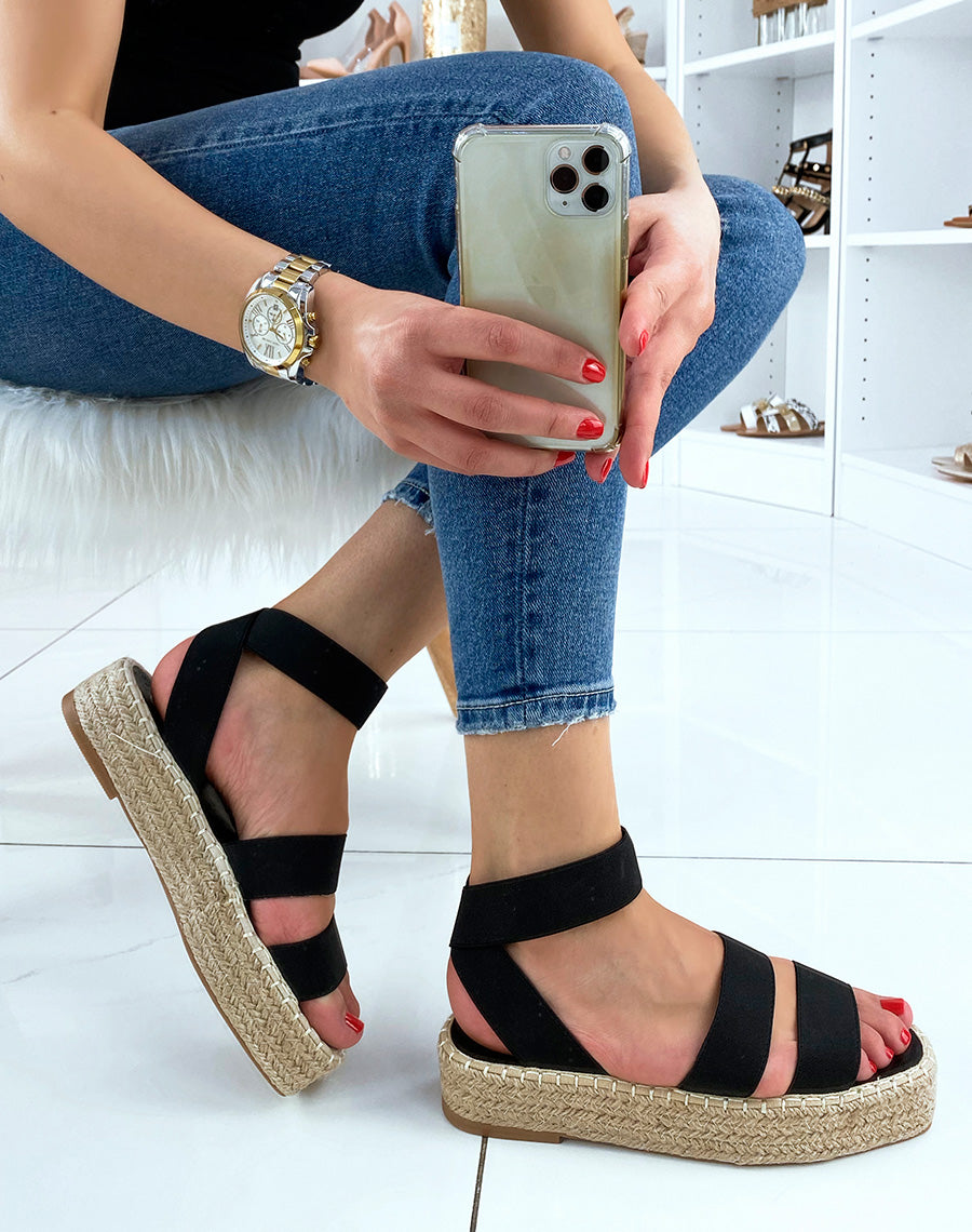 Sandales compensées noires à brides élastiques