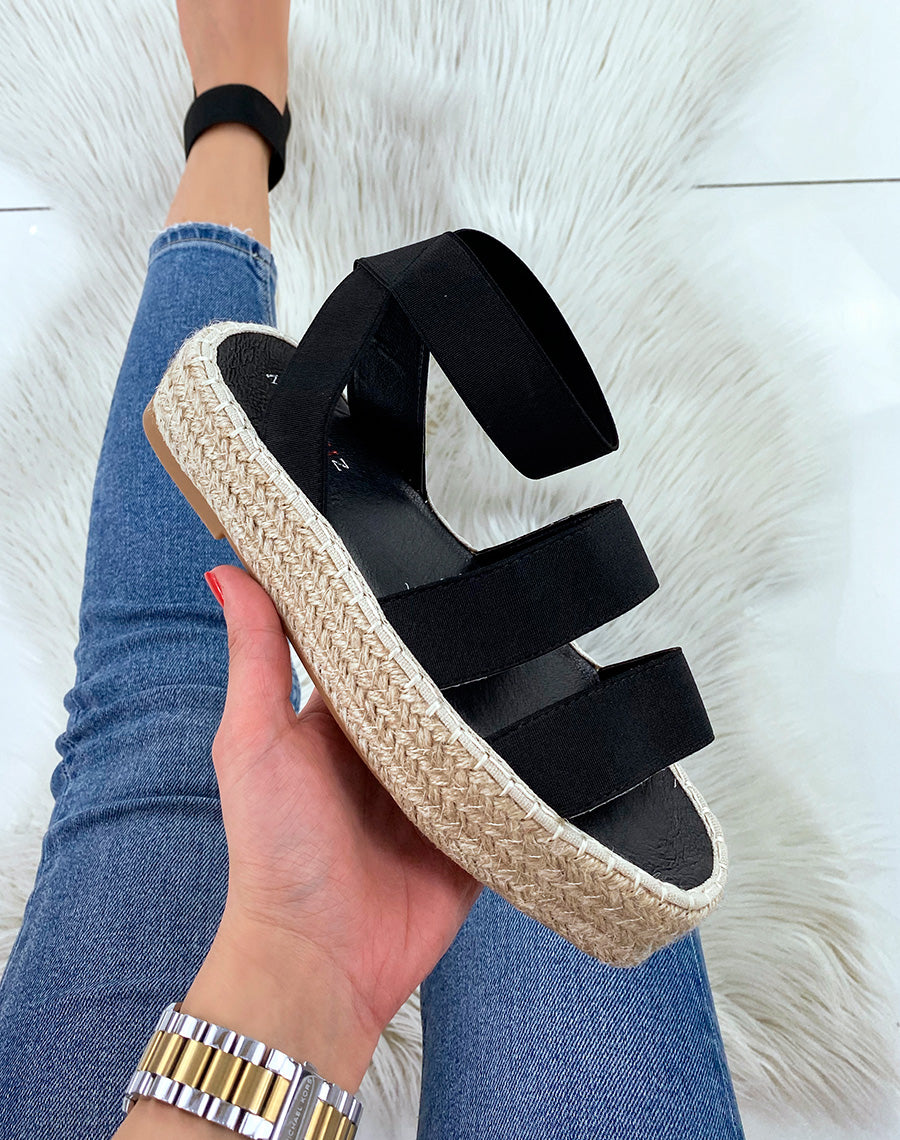 Sandales compensées noires à brides élastiques