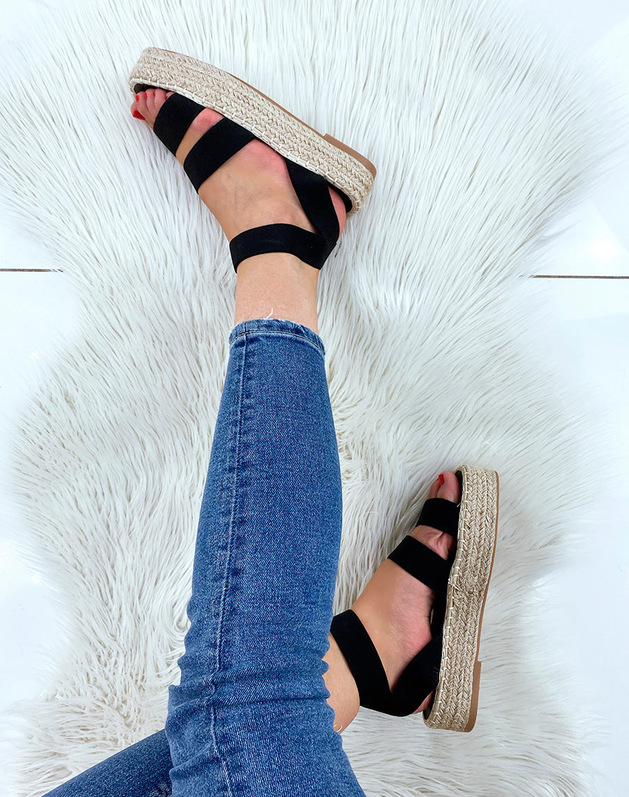 Sandales compensées noires à brides élastiques