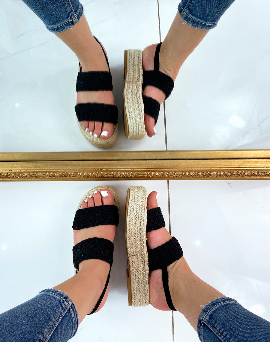 Sandales compensées noires à brides texturées