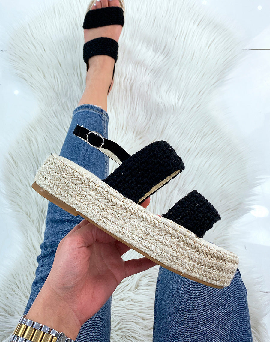 Sandales compensées noires à brides texturées