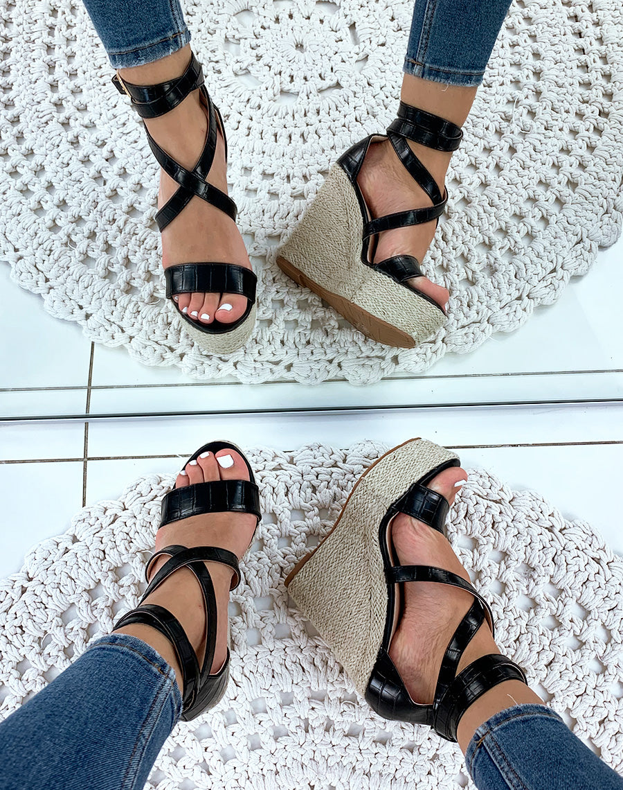 Sandales compensées noires croco