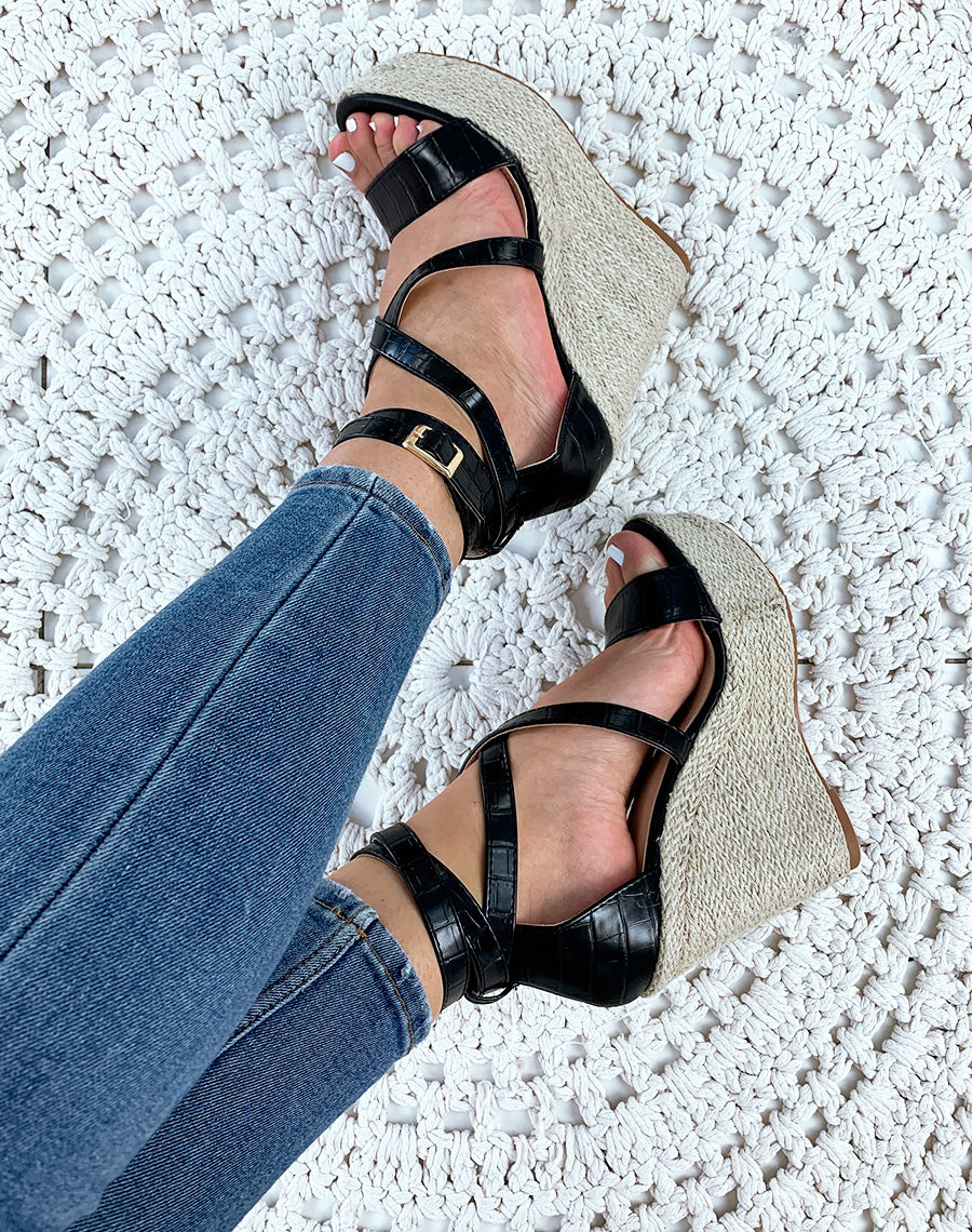 Sandales compensées noires croco