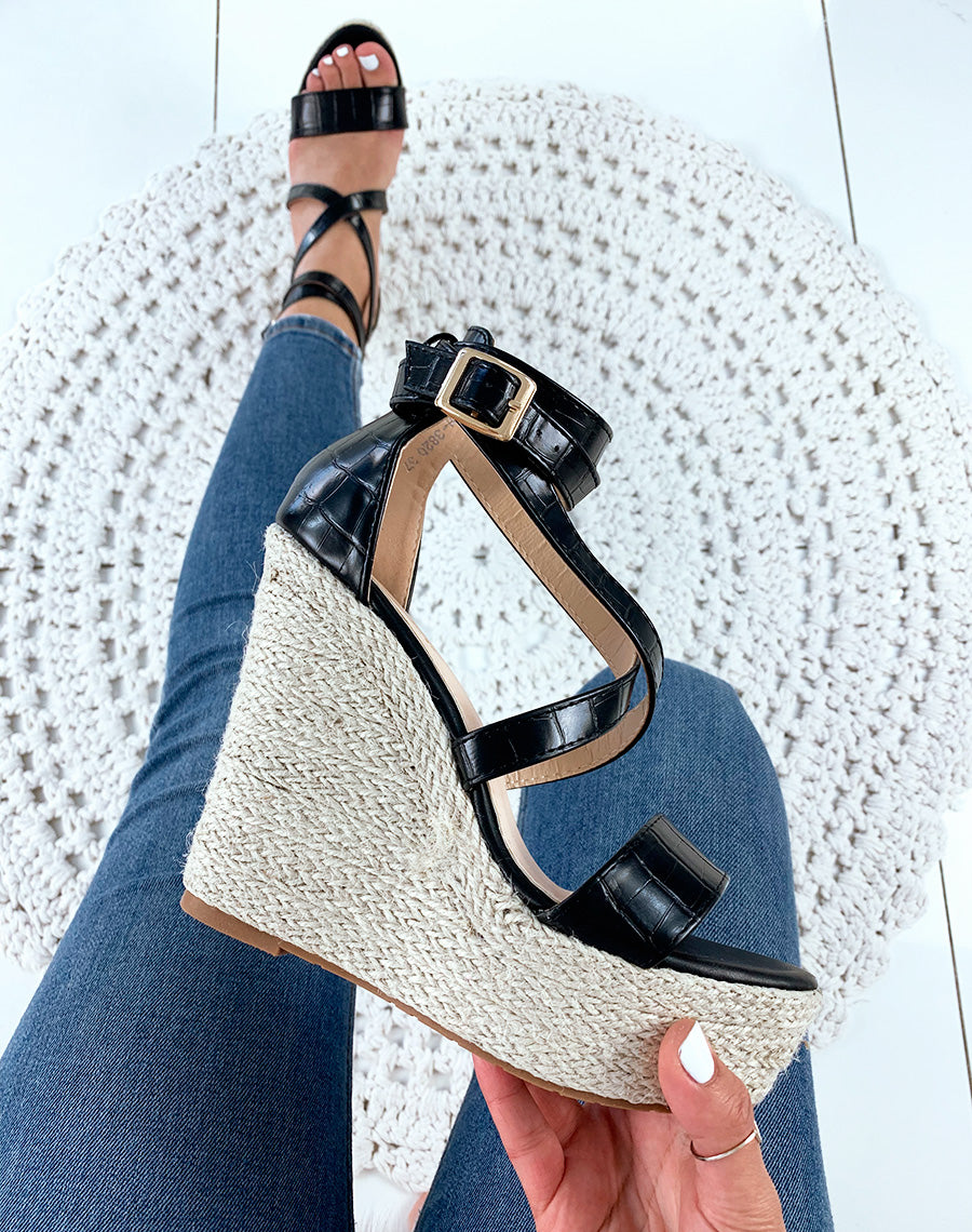 Sandales compensées noires croco