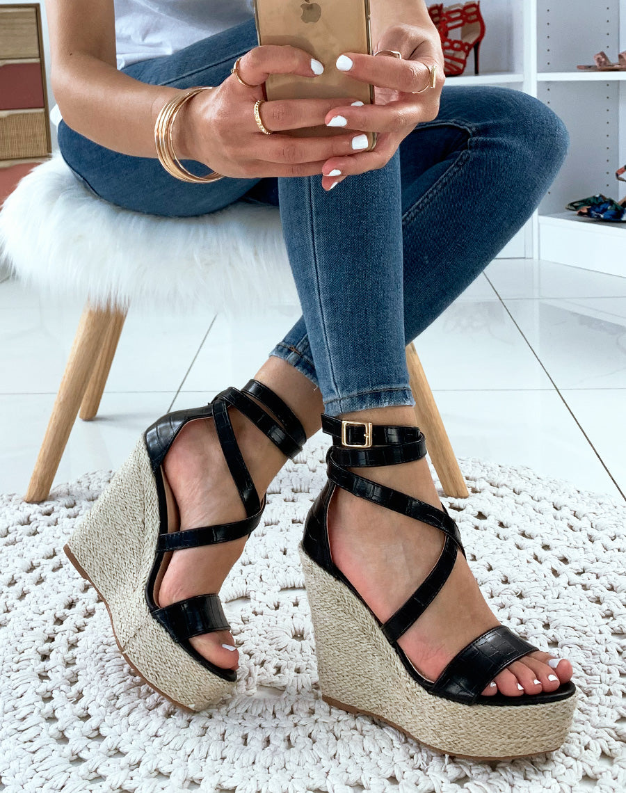 Sandales compensées noires croco