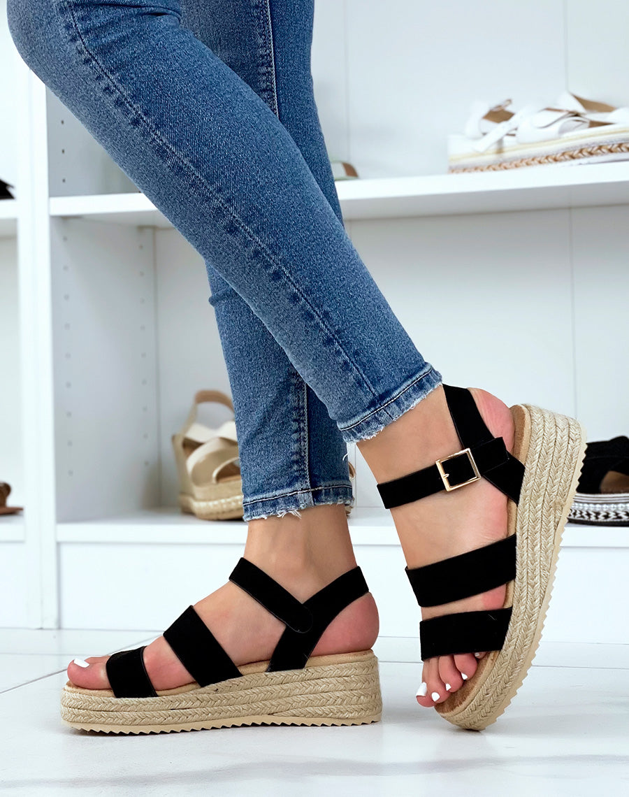 Sandales compensées noires à double brides épaisses et semelle en toile de jute