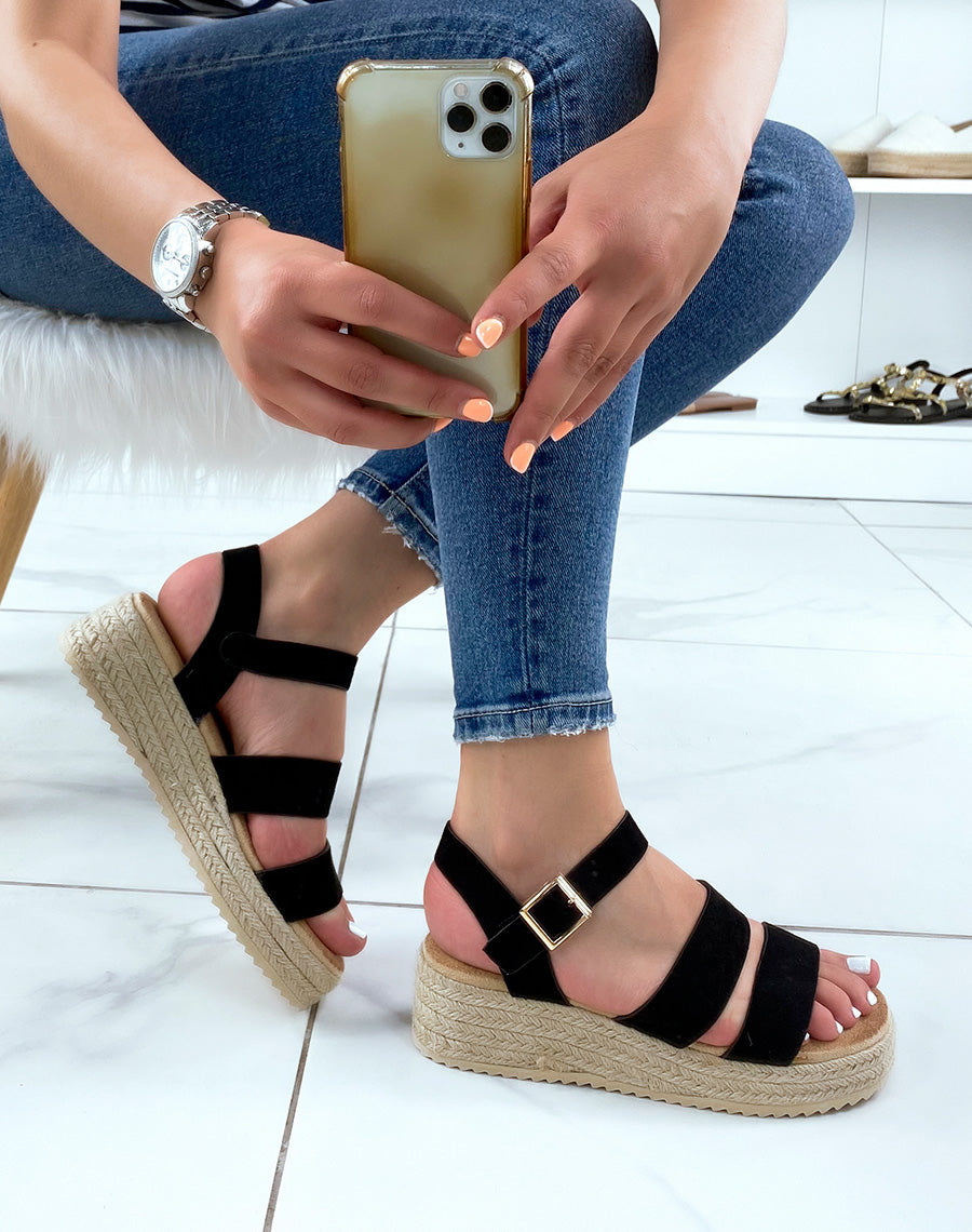 Sandales compensées noires à double brides épaisses et semelle en toile de jute