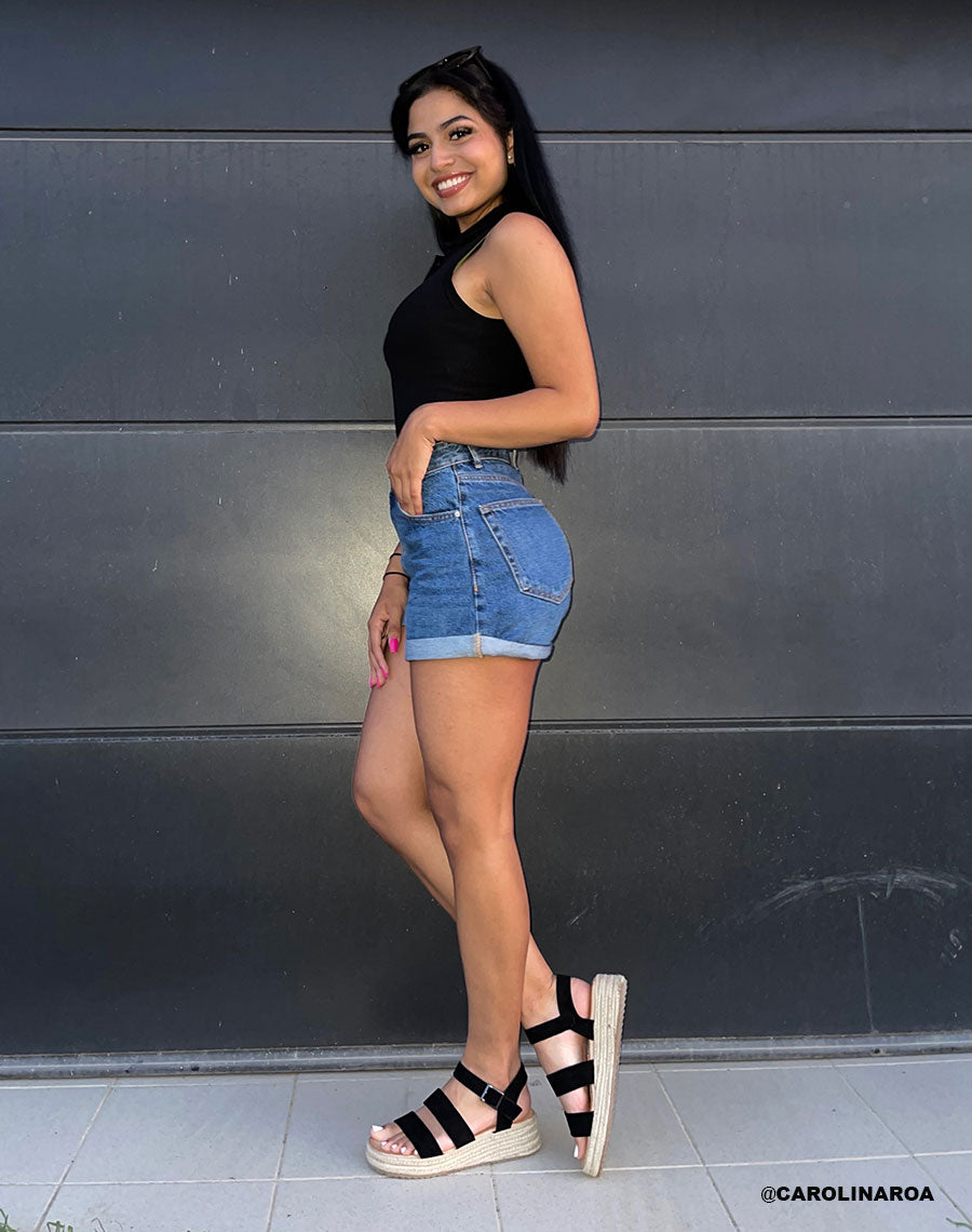 Sandales compensées noires à double brides épaisses et semelle en toile de jute