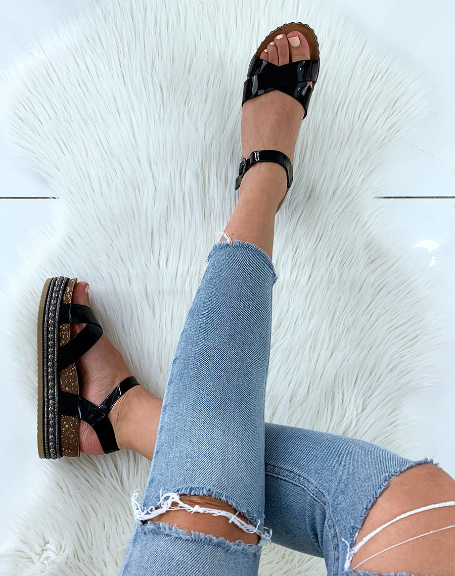 Sandales compensées noires effet métallique