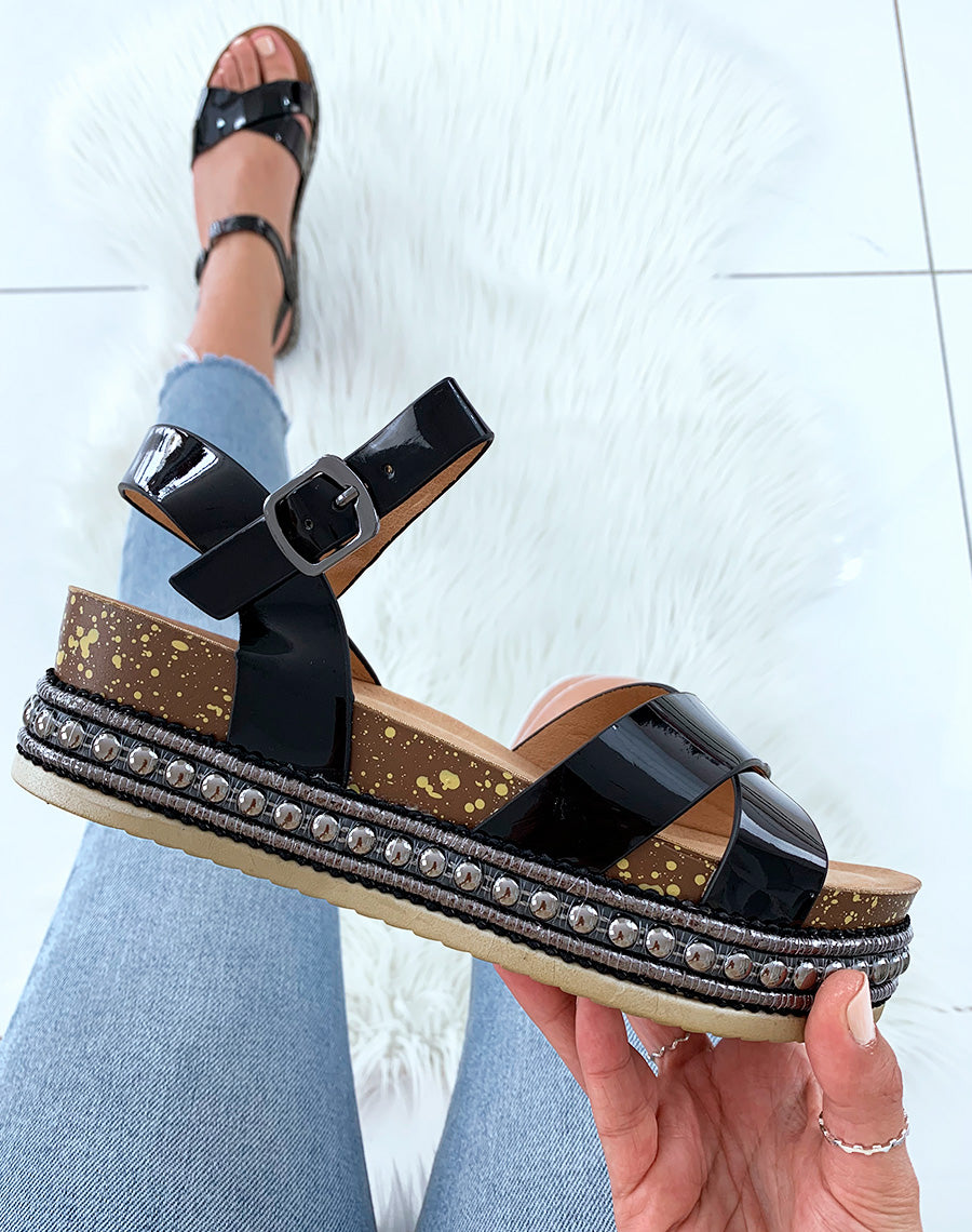 Sandales compensées noires effet métallique