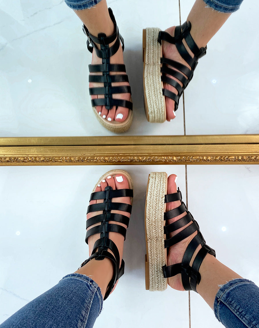 Sandales compensées noires à multiples lanières