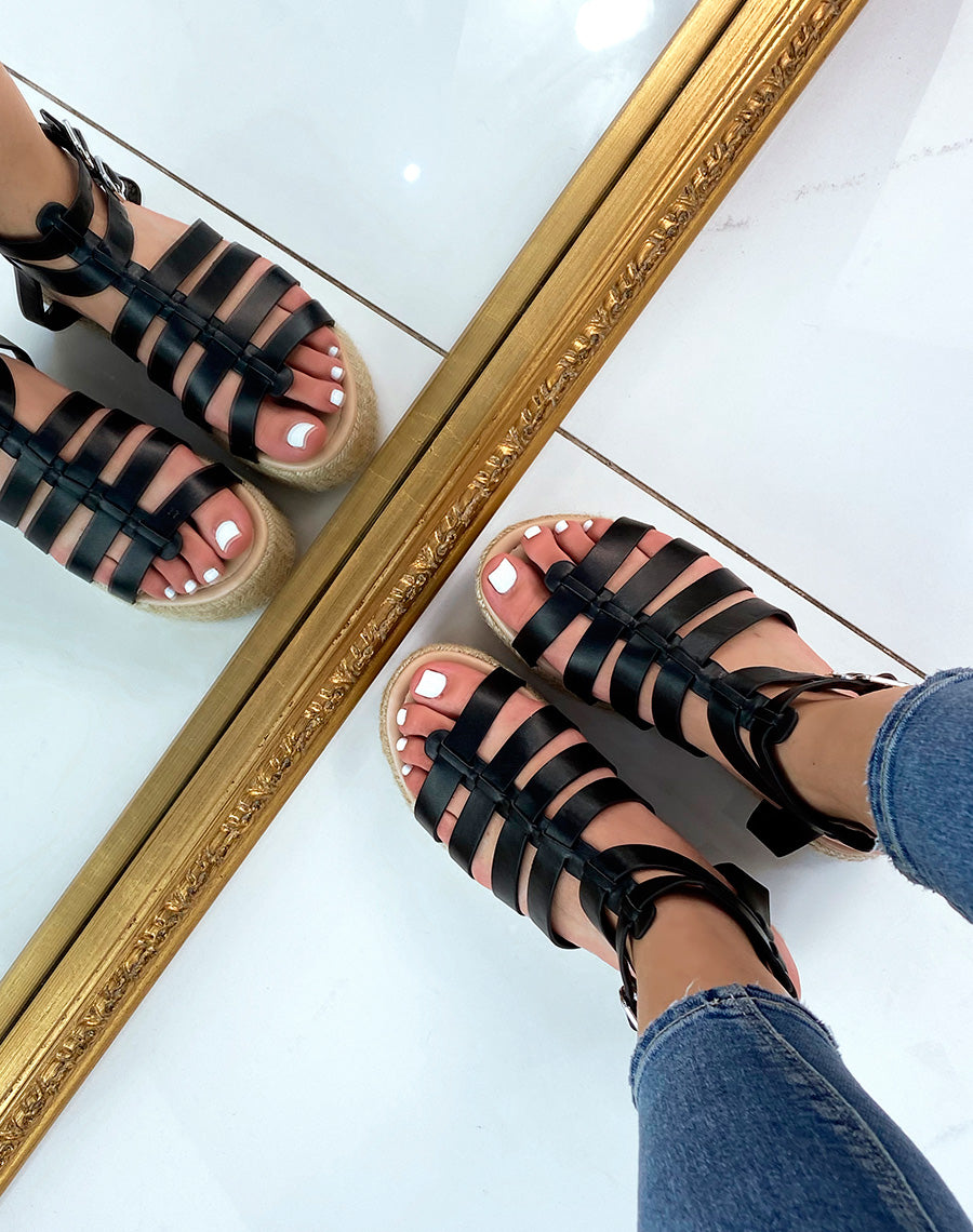 Sandales compensées noires à multiples lanières