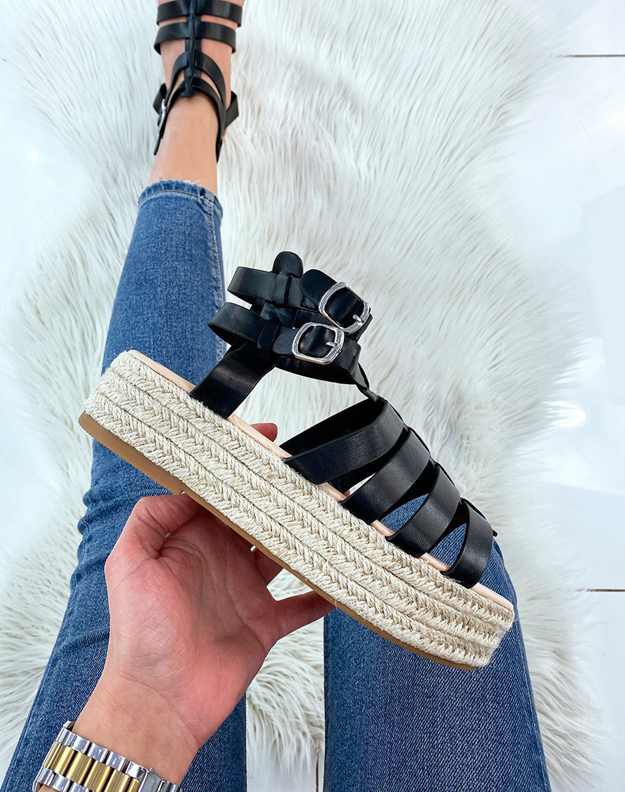 Sandales compensées noires à multiples lanières