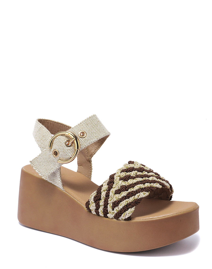 Sandales compensées à plateformes épaisses rigides et bride large marron et beige