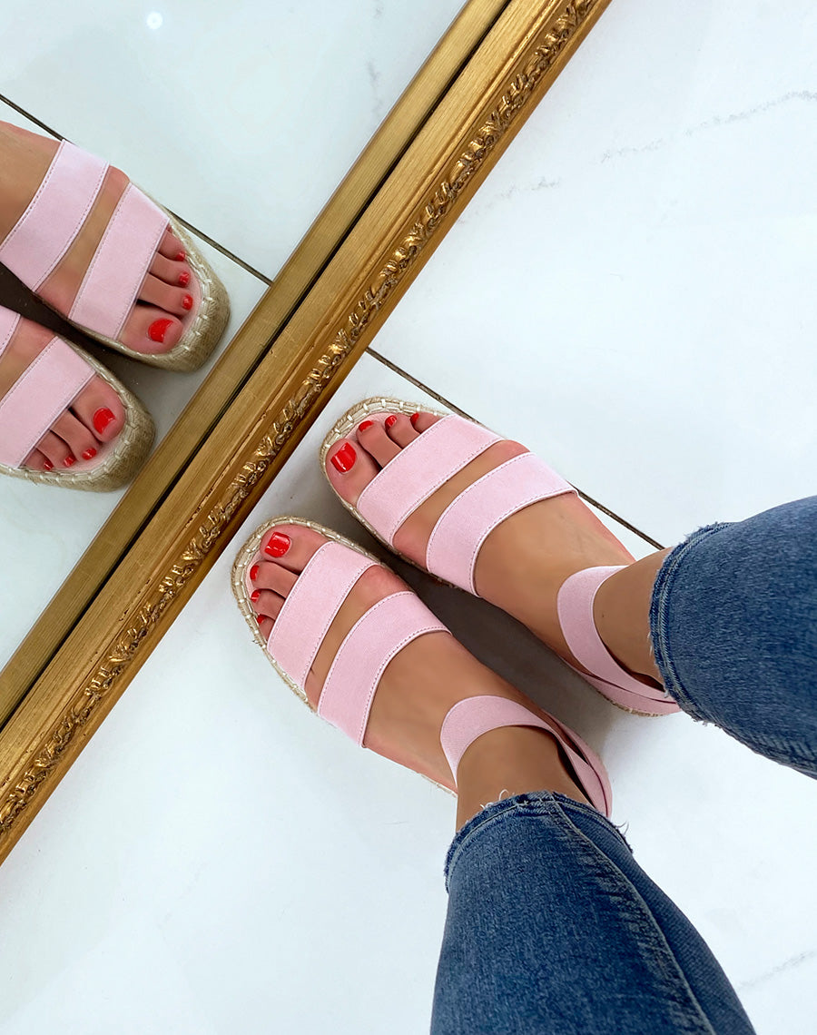 Sandales compensées roses à brides élastiques