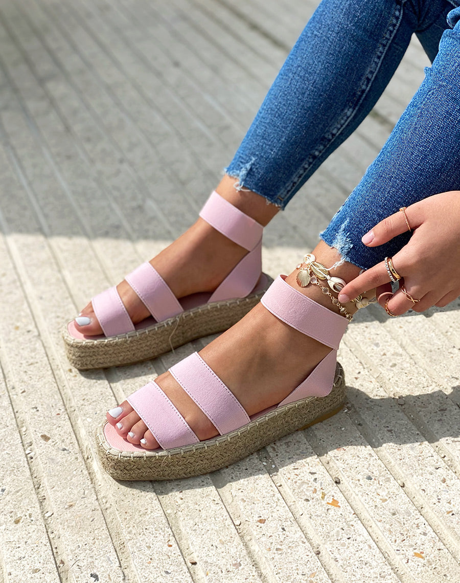 Sandales compensées roses à brides élastiques