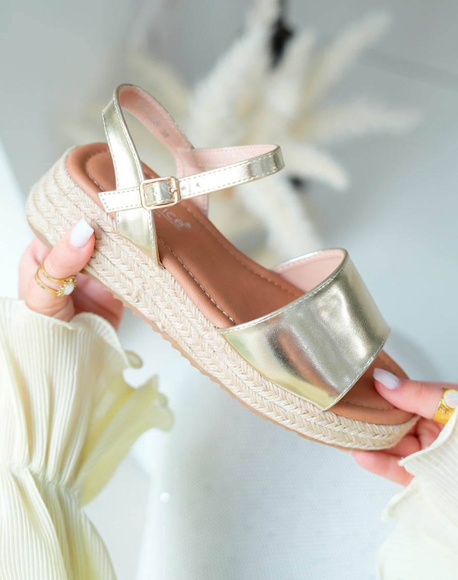 Sandales dorées à bride et à talon compensée