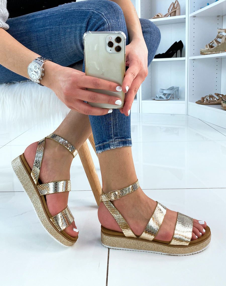 Sandales dorées compensées à semelle pailleté
