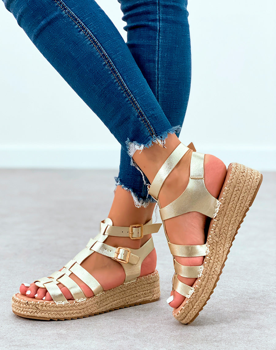 Sandales dorées compensés en corde à multiples lanières