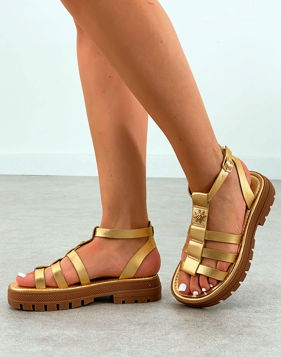 Sandales Dorées à Semelle Crantée et Bijou Soleil - Tendance et Confort Optimal