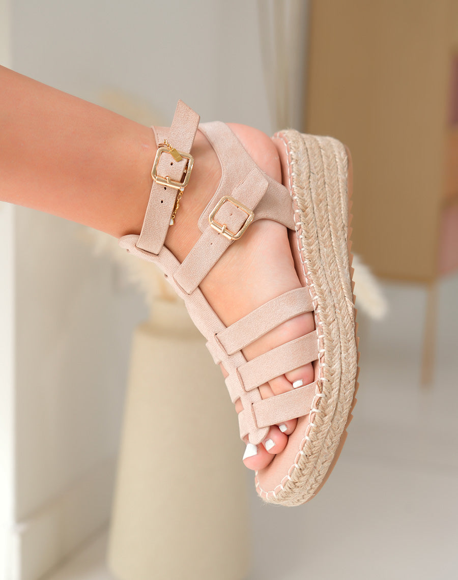 Sandales en suédine beige compensés en corde à multiples lanières