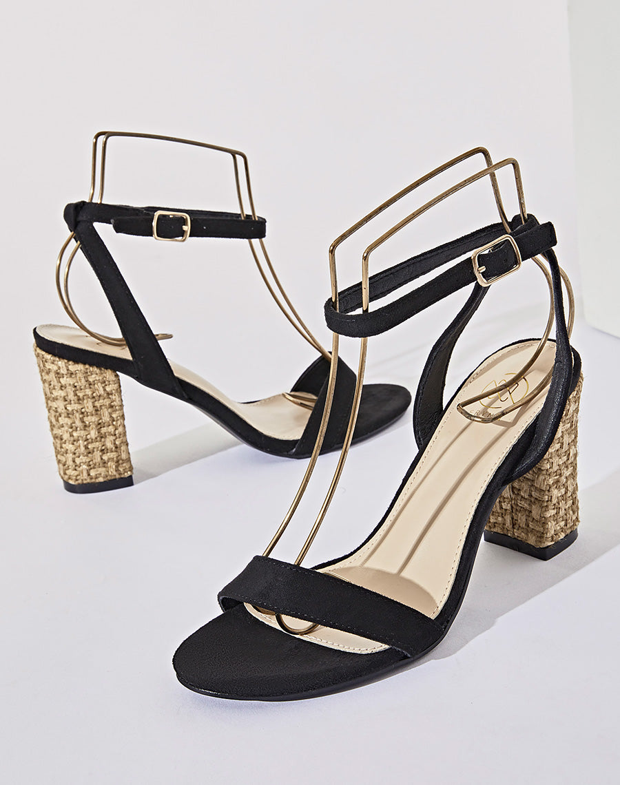 Sandales en suédine noire à talon en jute tressé