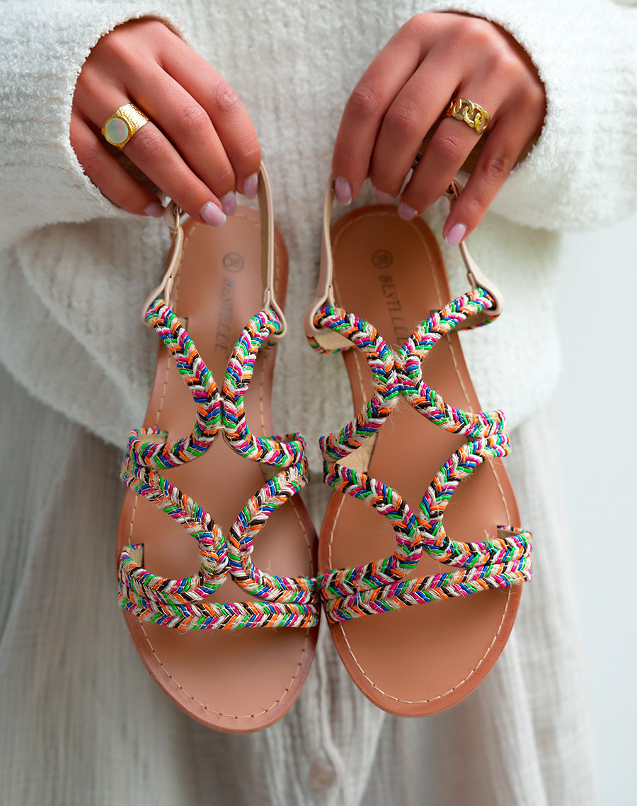 Sandales Femme beige à détail corde coloré