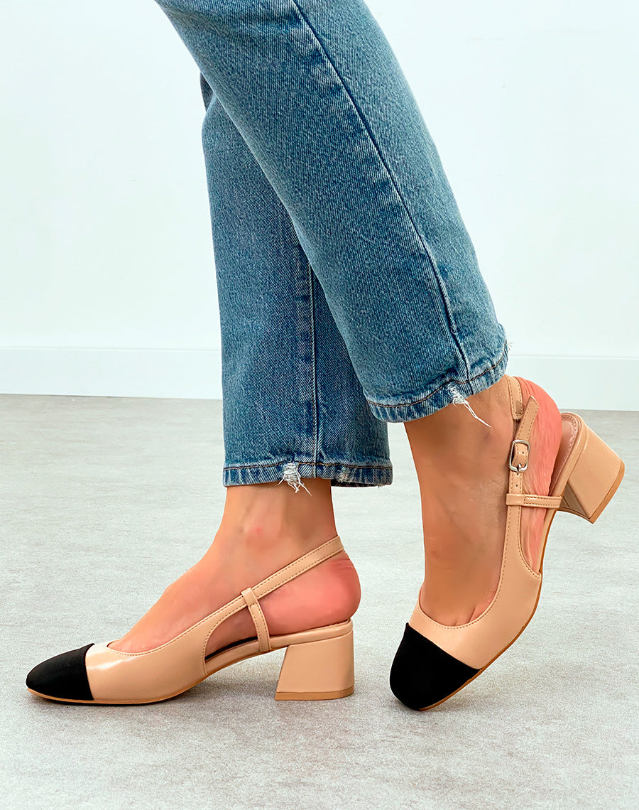 Sandales Femme Beiges à Talon Épais et Bout Noir - Élégance Naturelle