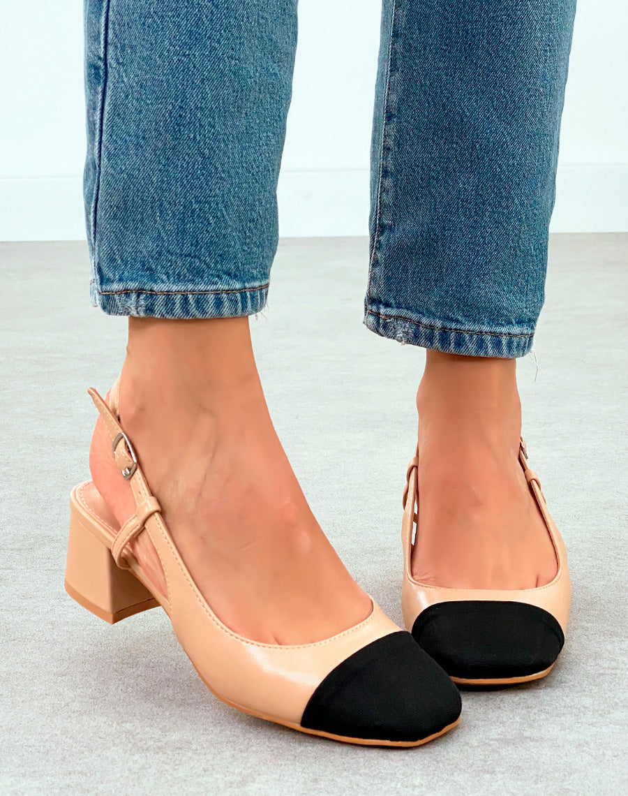Sandales Femme Beiges à Talon Épais et Bout Noir - Élégance Naturelle