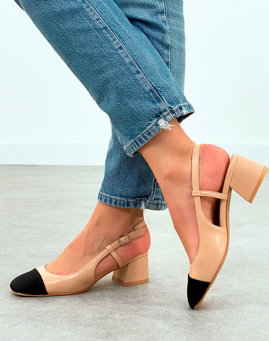 Sandales Femme Beiges à Talon Épais et Bout Noir - Élégance Naturelle