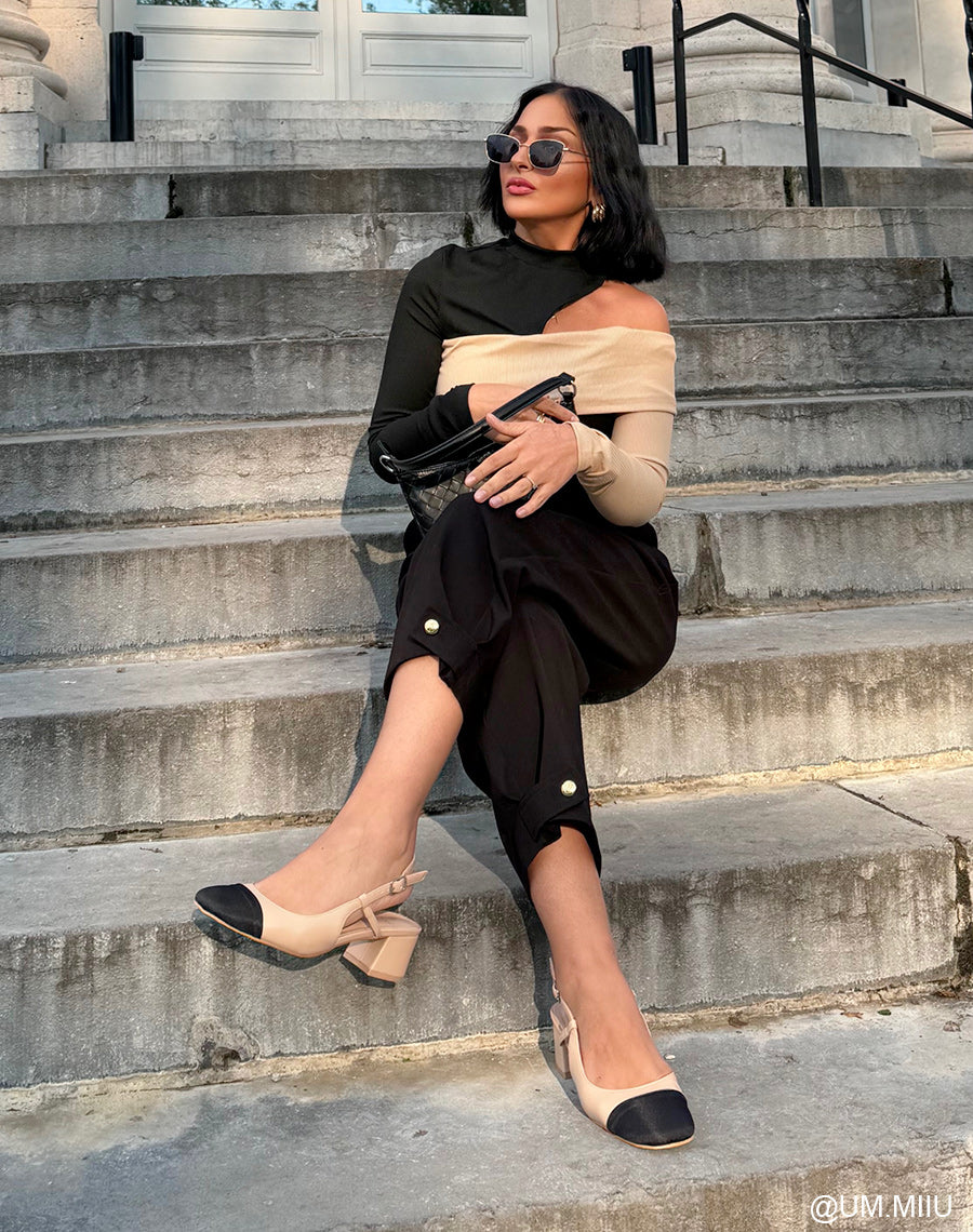 Sandales Femme Beiges à Talon Épais et Bout Noir - Élégance Naturelle