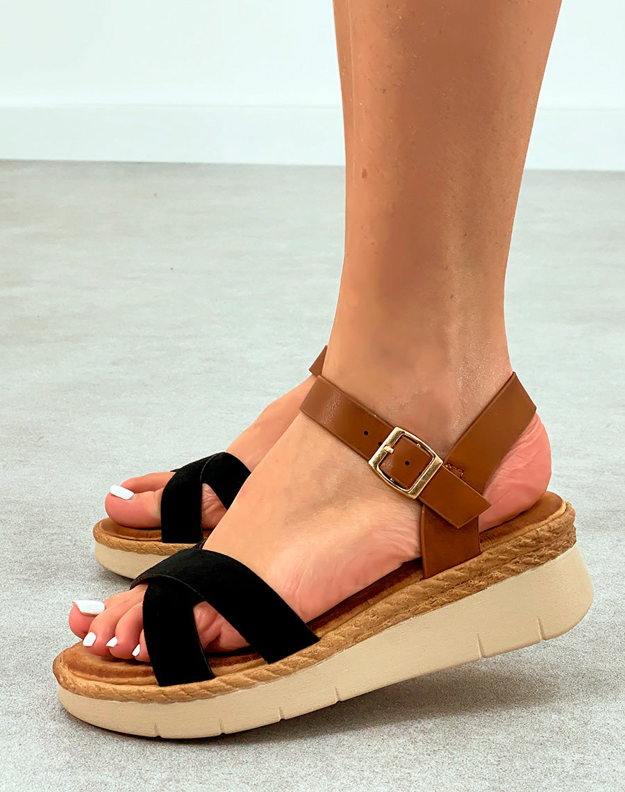 Sandales Femme Bi-Couleurs à Bride Entrecroisée et Plateforme Compensée