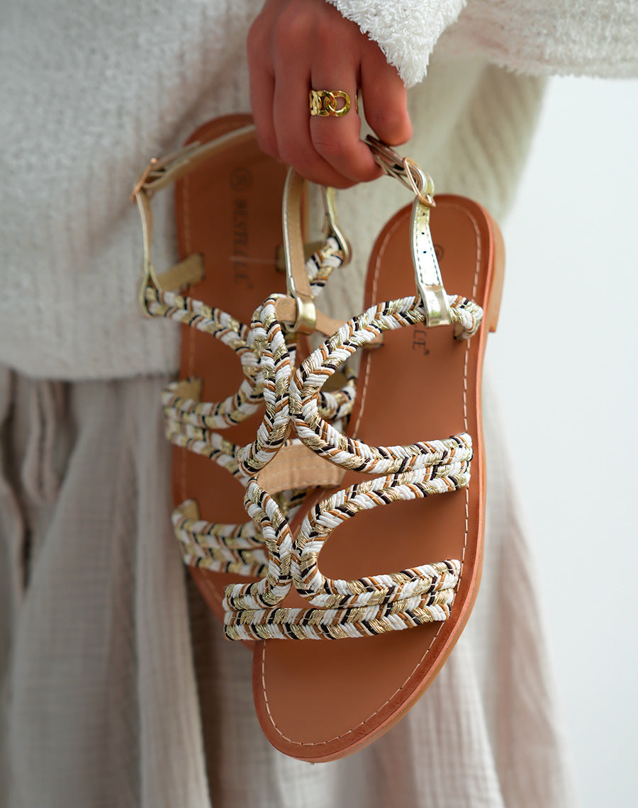 Sandales Femme dorée à détail corde beige et blanc