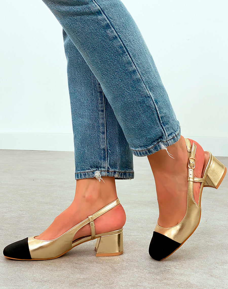 Sandales Femme Dorées à Bout Noir et Talon Bloc - Confort et Éclat pour Toute Occasion