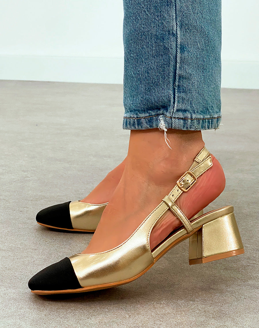 Sandales Femme Dorées à Bout Noir et Talon Bloc - Confort et Éclat pour Toute Occasion