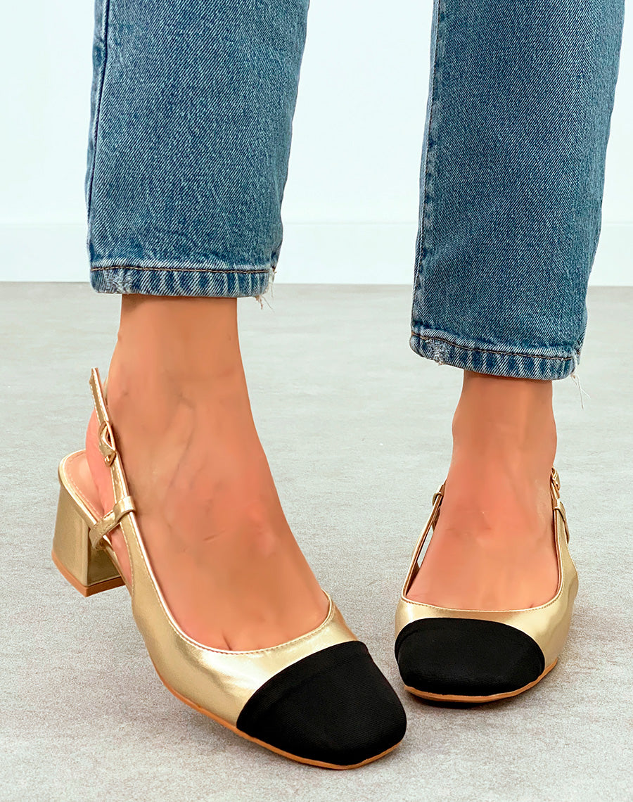 Sandales Femme Dorées à Bout Noir et Talon Bloc - Confort et Éclat pour Toute Occasion
