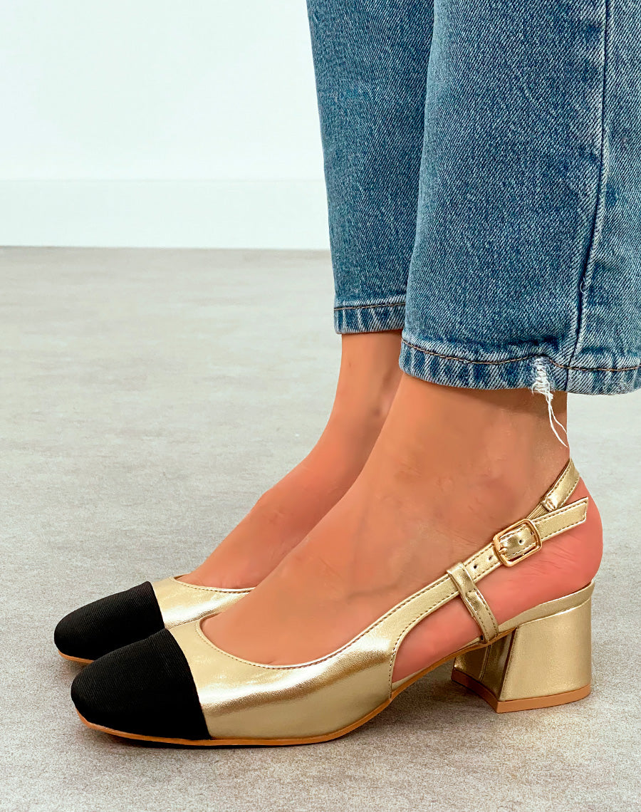 Sandales Femme Dorées à Bout Noir et Talon Bloc - Confort et Éclat pour Toute Occasion