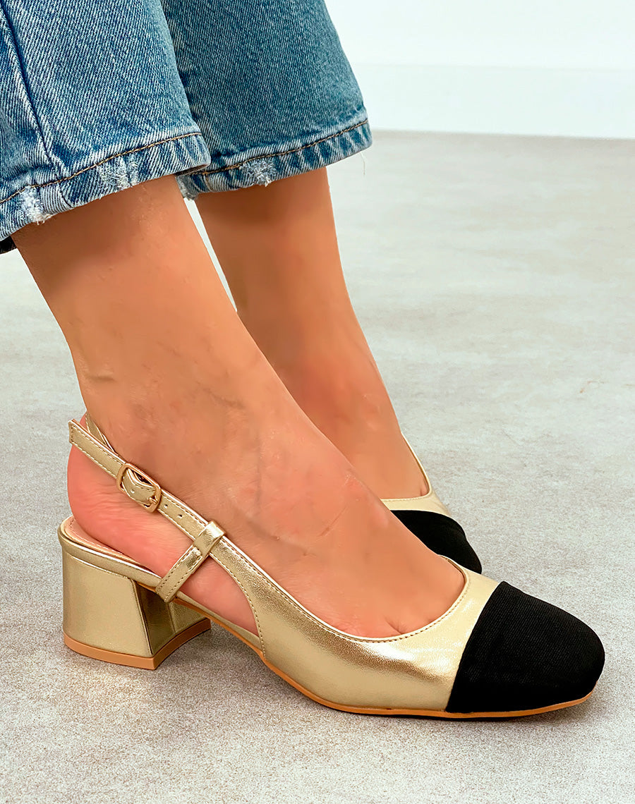 Sandales Femme Dorées à Bout Noir et Talon Bloc - Confort et Éclat pour Toute Occasion