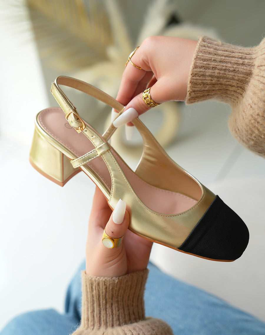 Sandales Femme Dorées à Bout Noir et Talon Bloc - Confort et Éclat pour Toute Occasion