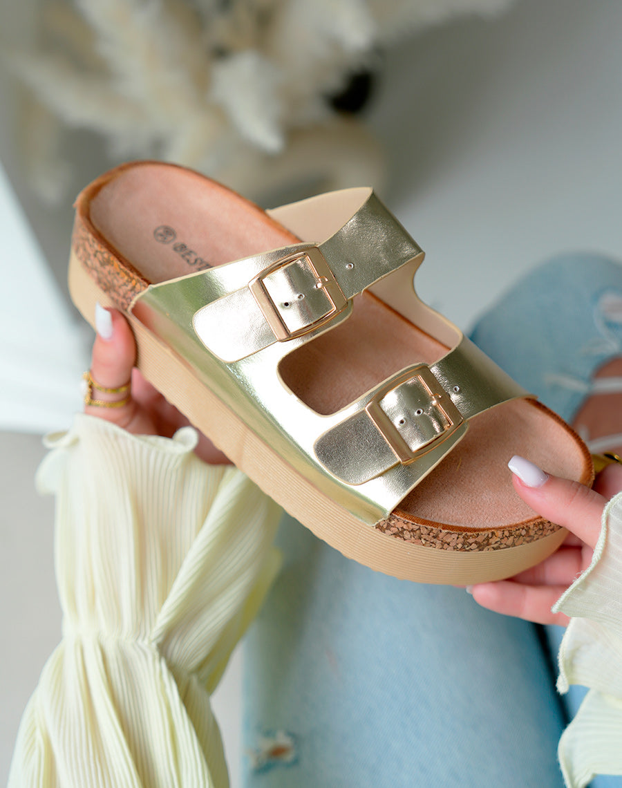 Sandales femme dorées à double sangle ajustable avec plateforme épaisse