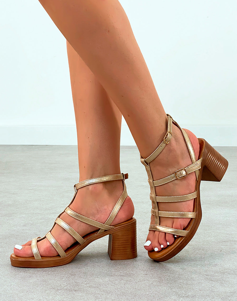 Sandales Femme Dorées à Talon Marron - Chic et Confort avec Brides Scintillantes