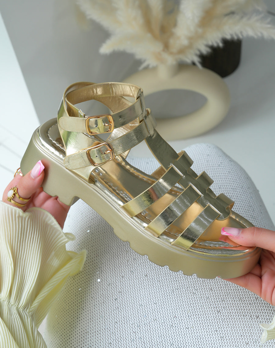 Sandales femme dorées tendance avec plateforme épaisse et brides multiples