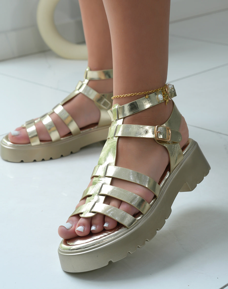 Sandales femme dorées tendance avec plateforme épaisse et brides multiples