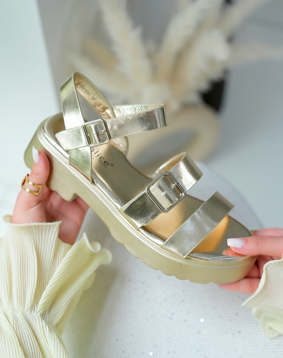 Sandales femme dorées tendance à plateforme épaisse et double sangle ajustable