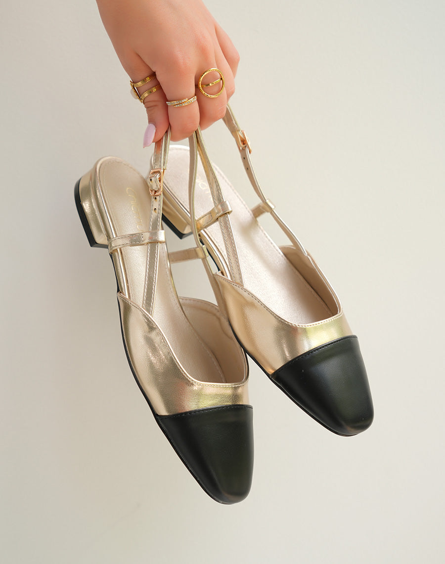 Sandales Femme en Nuances Dorées avec Bout Noir et Petit Talon Sophistiqué