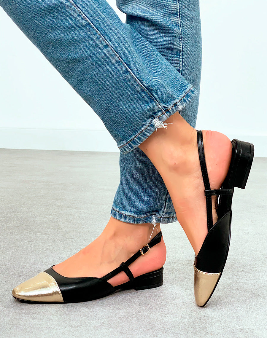 Sandales Femme Noir et Doré à Bout Rond et Petit Talon - Élégance Quotidienne